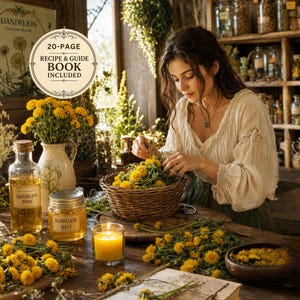 Woman creating dandelion apothecary magic with herbs, oils, candles, and vintage botanical spell pages in cozy herbal workspace.
