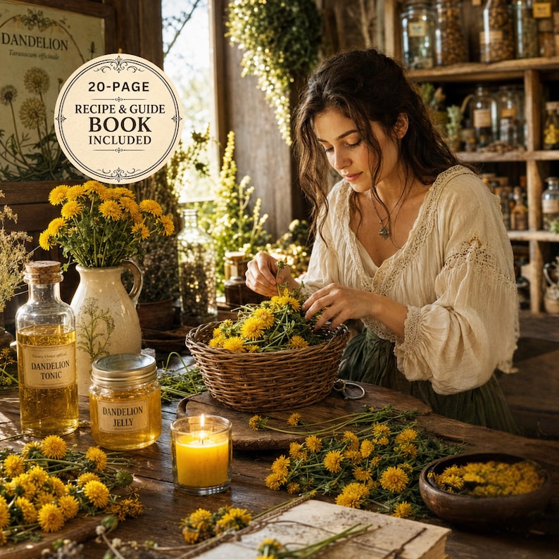 Woman creating dandelion apothecary magic with herbs, oils, candles, and vintage botanical spell pages in cozy herbal workspace.