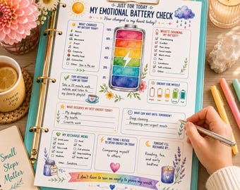 May include: A clipboard holding a printed emotional battery check worksheet with a central rainbow-coloured battery graphic, sections for daily energy tracking, recharge activities, and self-reflection prompts, featuring colourful illustrations.