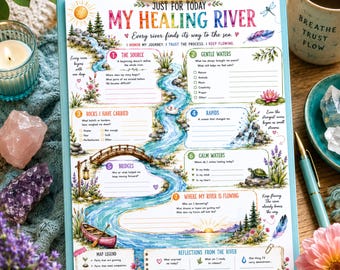 以下が含まれることがあります： ライトブルーのクリップボードに挟まれたMy Healing Riverというタイトルの印刷されたワークシート。中央に川のイラストが描かれ、The SourceやBridgesなどの見出しを含む、書き込み用の7つの番号付きセクションで構成されています。