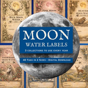 K&ouml;nnte beinhalten: Eine Sammlung rechteckiger Papieretiketten mit Illustrationen im Vintage-Stil von Monden, Tieren und Pflanzen. Das blaue Overlay in der Mitte zeigt den Text MOON WATER LABELS, 3 COLLECTIONS TO USE EVERY YEAR und 40 TAGS IN 2 SIZES - DIGITAL DOWNLOAD.