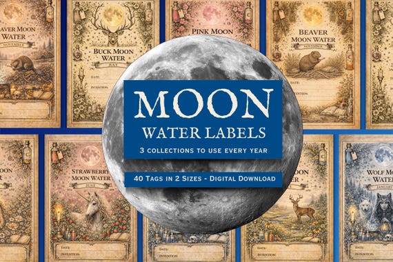 Moon Water Labels, Lunar Phase Ritual Tags, Seasonal Astrology (Printable PDF)