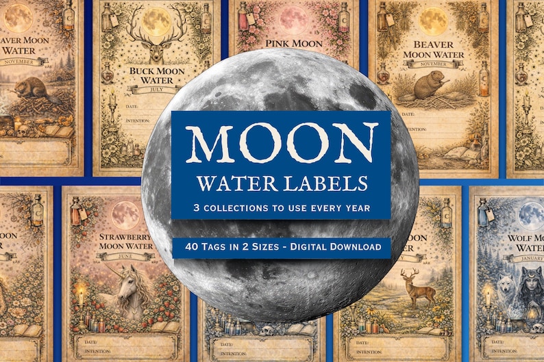 K&ouml;nnte beinhalten: Eine Sammlung rechteckiger Papieretiketten mit Illustrationen im Vintage-Stil von Monden, Tieren und Pflanzen. Das blaue Overlay in der Mitte zeigt den Text MOON WATER LABELS, 3 COLLECTIONS TO USE EVERY YEAR und 40 TAGS IN 2 SIZES - DIGITAL DOWNLOAD.