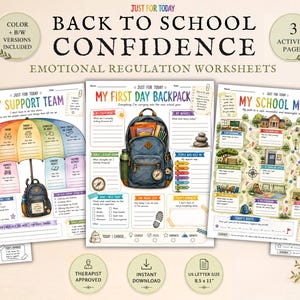 May include: A set of three educational worksheets titled Back to School Confidence, featuring colorful illustrations of a rainbow umbrella, a backpack, and a school map. The pages include prompts for emotional regulation, measuring 8.5 by 11 inches.