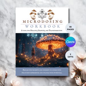 Peut inclure: Un cahier intitulé "Microdosing Workbook" avec le slogan "Un outil pour la guérison, la croissance et la transformation". La couverture présente une illustration d'une personne marchant vers un champignon brillant dans une forêt. Comprend 55 pages et 2 cadeaux.