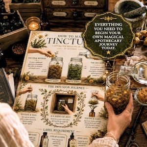 Lifestyle image of woman crafting herbal tinctures and apothecary remedies using printable herbal magic guidebook pages.