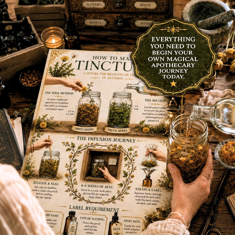 Lifestyle image of woman crafting herbal tinctures and apothecary remedies using printable herbal magic guidebook pages.