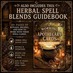 Herbal spell blends guidebook printable featuring magical recipes, rituals, simmer pots, and vintage apothecary aesthetics.