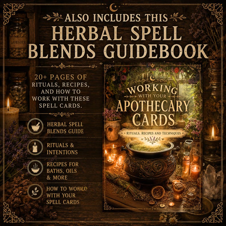 Herbal spell blends guidebook printable featuring magical recipes, rituals, simmer pots, and vintage apothecary aesthetics.