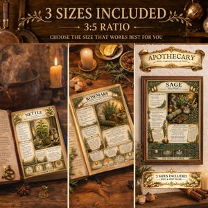 Printable herbal spell cards shown in three included sizes with vintage botanical witchcraft and apothecary aesthetic.