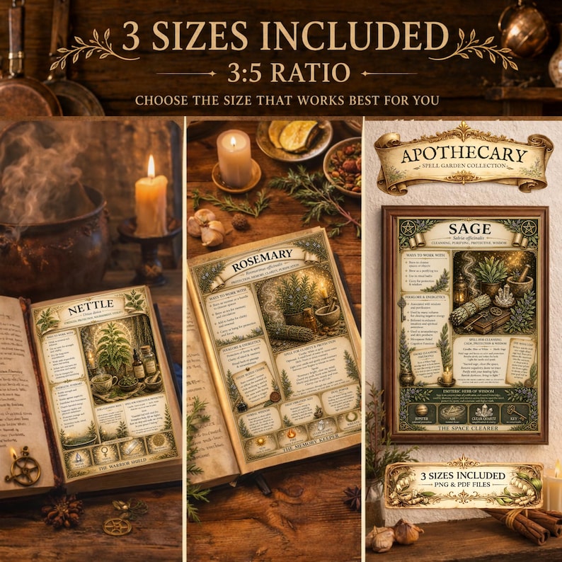 Printable herbal spell cards shown in three included sizes with vintage botanical witchcraft and apothecary aesthetic.