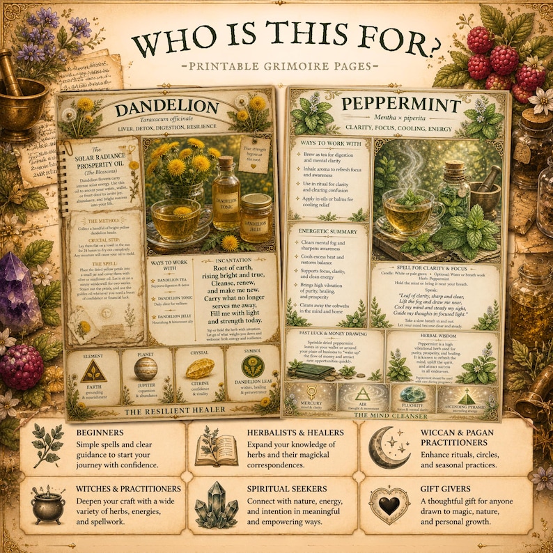 Herbal magic educational printable page featuring dandelion and peppermint apothecary cards with beginner-friendly magical correspondences.