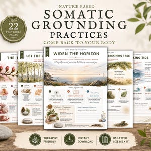 May include: A collection of 22 printable pages titled Nature Based Somatic Grounding Practices, featuring watercolour illustrations of landscapes and nature elements. Each page includes guided exercises, text, and a US letter size of 8.5 x 11 inches.