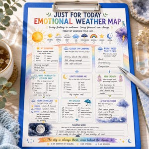 May include: A blue clipboard holding a printed emotional weather map worksheet with colourful illustrations of suns, clouds, and rainbows. The page features sections for tracking feelings, thoughts, and self-reflection with handwritten text in black ink.