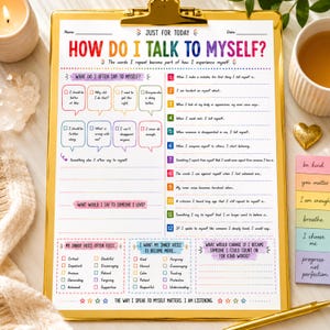 Może przedstawiać: Złota podkładka z klipsem trzymająca wydrukowany arkusz zatytułowany How Do I Talk To Myself? Dokument zawiera kolorowe sekcje z poleceniami, polami wyboru i numerowanymi listami przeznaczonymi do autorefleksji i analizy.