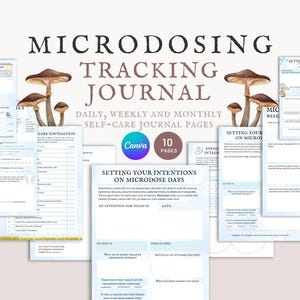 Könnte beinhalten: Ein blaues und weißes druckbares Tagebuch mit Pilzillustrationen. Das Tagebuch trägt den Titel "Microdosing Tracking Journal" und enthält Seiten für die tägliche, wöchentliche und monatliche Selbstpflege. Das Tagebuch hat 10 Seiten und ist so konzipiert, dass Benutzer ihre Microdosing-Erfahrungen verfolgen können.