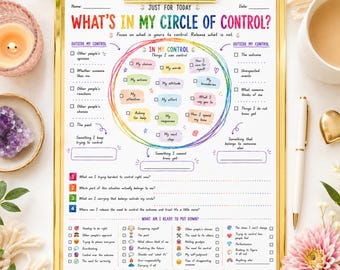 Könnte beinhalten: Ein goldenes Klemmbrett mit einem weißen Arbeitsblatt mit der Überschrift What's In My Circle Of Control? Das Blatt zeigt einen bunten, handgezeichneten Kreis mit Textfeldern für persönliche Entscheidungen, Worte und Handlungen, umgeben von Bereichen.