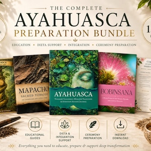 May include: A bundle of six educational products titled The Complete Ayahuasca Preparation Bundle, including books on Ayahuasca, Mapacho, and Bobinsana, plus ceremony sheets. The set features 158+ pages, a wooden pipe, and a small candle.