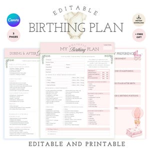 Printable Birth Plan PDF Template, Editable Natural Birth Preferences, Pregnancy Checklist (Girl Version)