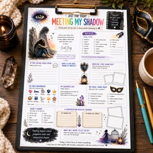 May include: A printed worksheet titled Meeting My Shadow on a black clipboard. The page features sections for self-reflection, including checkboxes for emotions, prompts for shadow work, and illustrations of an eye, a lantern, and a crystal.