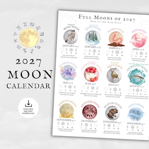 Moon Calendar 2027, Lunar Phase Charts, Full Moon Astrology, Witchy Wall Art (Printable PDF)
