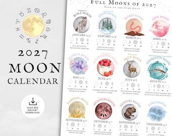 Mondkalender 2027, Mondphasen-Diagramme, Vollmond-Astrologie, Hexen-Wandkunst (Druckbare PDF-Datei)