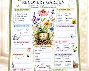May include: A recovery garden worksheet on a clipboard featuring floral illustrations and sections titled Just for Today, Seeds I'm Planting Today, What Helps Me Grow, Roots That Keep Me Grounded, Weeds I'm Pulling, and Evening Reflection.
