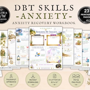 DBT Anxiety Coping Skills Worksheets for Adults, Stress Art Therapy Journal (Printable PDF)