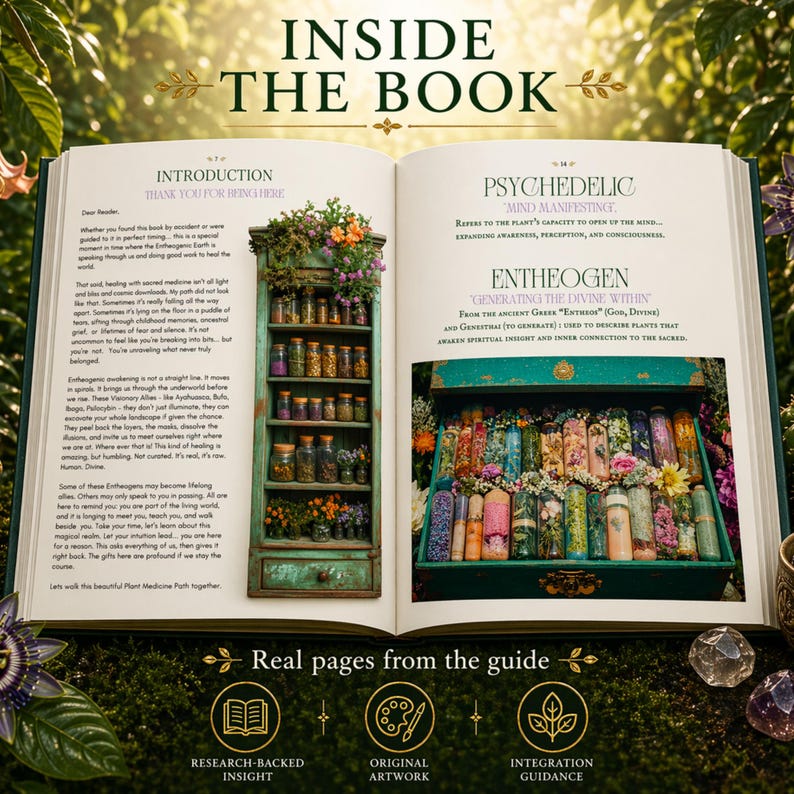 plant medicine book interior pages psychedelic guide layout integration journal spreads healing workbook preview
