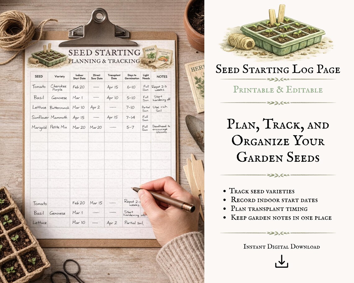 Seed Starting Log, Printable Garden Planner Page, Plant Growth Tracker ...