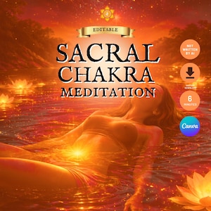 May include: An orange-toned digital art piece with the text "SACRAL CHAKRA MEDITATION". A person is depicted floating in water, with a glowing light emanating from the lower abdomen. The image includes lotus flowers and the text "6 MINUTES".