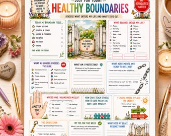 May include: A printed worksheet titled Healthy Boundaries featuring sections for self-reflection, including checklists and prompts like What Belongs Inside My Life, What Am I Protecting, and What No Longer Crosses This Line, with colorful illustrations.