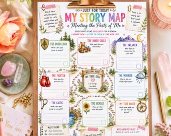 Peut inclure: Une feuille de travail imprimée intitulée My Story Map Meeting the Parts of Me sur un presse-papier en bois. Le document présente des sections pour The Protector, Inner Child, Dreamer, Fighter, Worrier, Critic, Healer et True North avec des lignes.