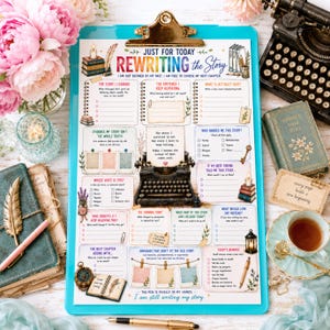 May include: A turquoise clipboard holding a printed worksheet titled Just For Today Rewriting the Story, featuring sections for personal reflection, checkboxes, and a central illustration of a vintage typewriter with floral accents.