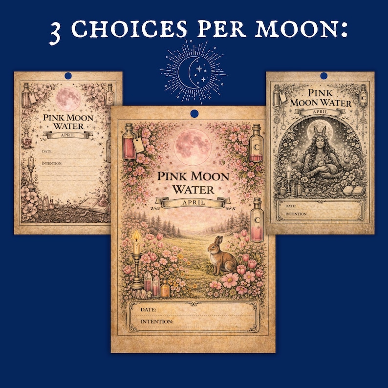 lunar occult printable, lunar magic download set of 3 types of moon water labels