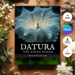 Grimorio oscuro de flor de datura, diario de sueños, rituales herbales, pegatinas imprimibles del Libro de las Sombras (PDF)