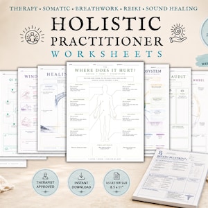 Könnte beinhalten: Eine Sammlung von 33 druckbaren Arbeitsblättern für ganzheitliche Praktiker zu Themen wie Therapie, Somatik, Atemarbeit, Reiki und Klangheilung. Enthält ein Körperdiagramm mit dem Titel Where Does It Hurt und einen Wellness-RX-Block, Format 21,6 x 27,9 cm.