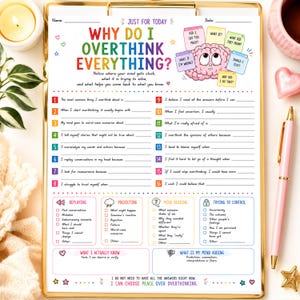 May include: A printed worksheet titled Why Do I Overthink Everything? featuring a cartoon brain with eyes, numbered prompts from 1 to 16, and sections for Replaying, Predicting, Mind Reading, and Trying to Control, all on a gold clipboard.