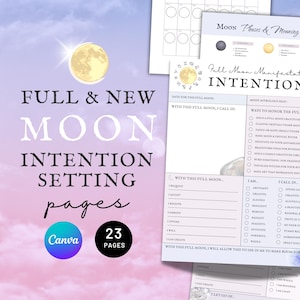 Op de afbeelding: Een digitale planner-set met 23 pagina's voor het instellen van intenties bij volle en nieuwe maan. De pagina's bevatten secties voor maanfasen, astrologische tekens, dankbaarheid en manifestatie-prompts met tekst zoals Full Moon Manifestation.