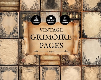 May include: A collection of vintage grimoire pages featuring aged parchment textures, intricate black ink illustrations of botanical elements, crystals, skulls, and potion bottles, with a central scroll graphic displaying the text VINTAGE GRIMOIRE PAGES.