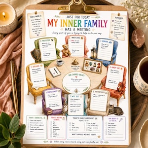 Peut inclure: Une fiche de travail thérapeutique intitulée My Inner Family Has A Meeting sur un presse-papier en bois. Le graphique présente huit chaises colorées disposées autour d'une table, chacune avec un bloc-notes, entourées de questions et cases.