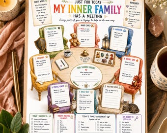 Peut inclure: Une fiche de travail thérapeutique intitulée My Inner Family Has A Meeting sur un presse-papier en bois. Le graphique présente huit chaises colorées disposées autour d'une table, chacune avec un bloc-notes, entourées de questions et cases.