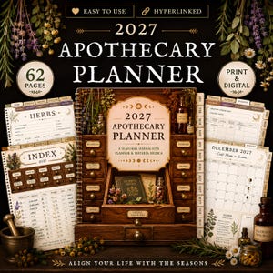Op de afbeelding: Een 2027 Apothecary Planner met 62 pagina's, beschikbaar in print en digitaal. De planner bevat secties voor kruiden, formules, oogst, inventaris en een index. De omslag toont een ontwerp van een houten apothekerskast met kruiden.
