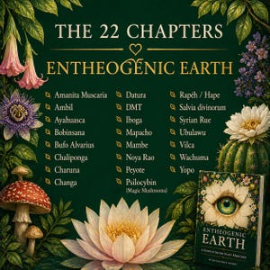 Entheogenic Earth book chapters list featuring 22 plant medicines including ayahuasca iboga psilocybin datura and san pedro in a botanical green design with book cover