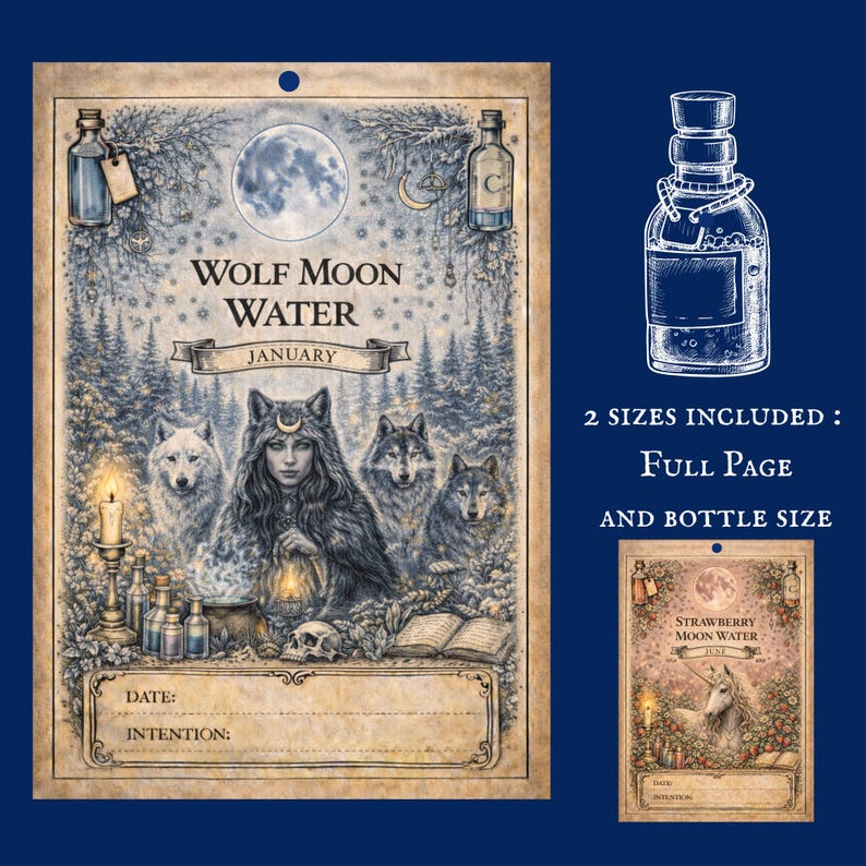 moon water printable labels for goddess grimoire, Lunar Phase Sacred Water Activity