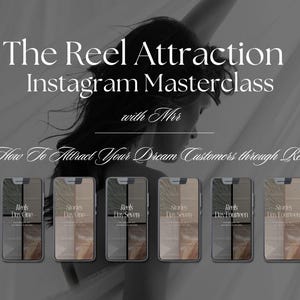 May include: A graphic design for an Instagram masterclass titled "The Reel Attraction" with the text "How To Attract Your Dream Customers through Reels". The design features six phone screens with the text "Reels Day One", "Stories Day One", "Reels Day Seven", "Stories Day Seven", "Reels Day Fourteen", and "Stories Day Fourteen".