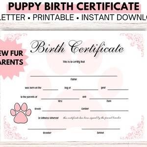 Puppy geboorteakte roze, puppy verjaardagsfeestje, huisdier oppas cadeau, moeder van de hond, fokker formulieren, puppypakket