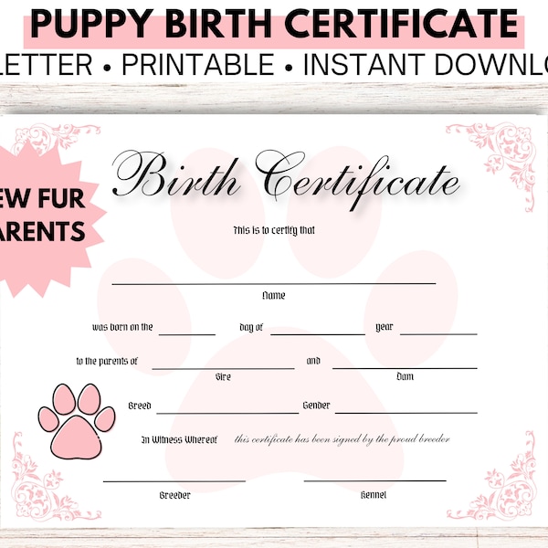 Puppy Birth Certificate Pink, Puppy Birthday Party, Pet Sitter Gift, Dog Mom, Breeder Forms, Puppy Pack