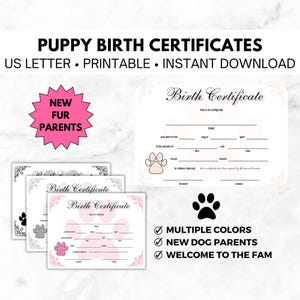 Geboorteakten puppy voor verjaardagsfeestje nieuwe puppy Nieuwe hondenouders Hondenfokker Formulieren voor huisdierbedrijf Veelkleurige puppycertificaten