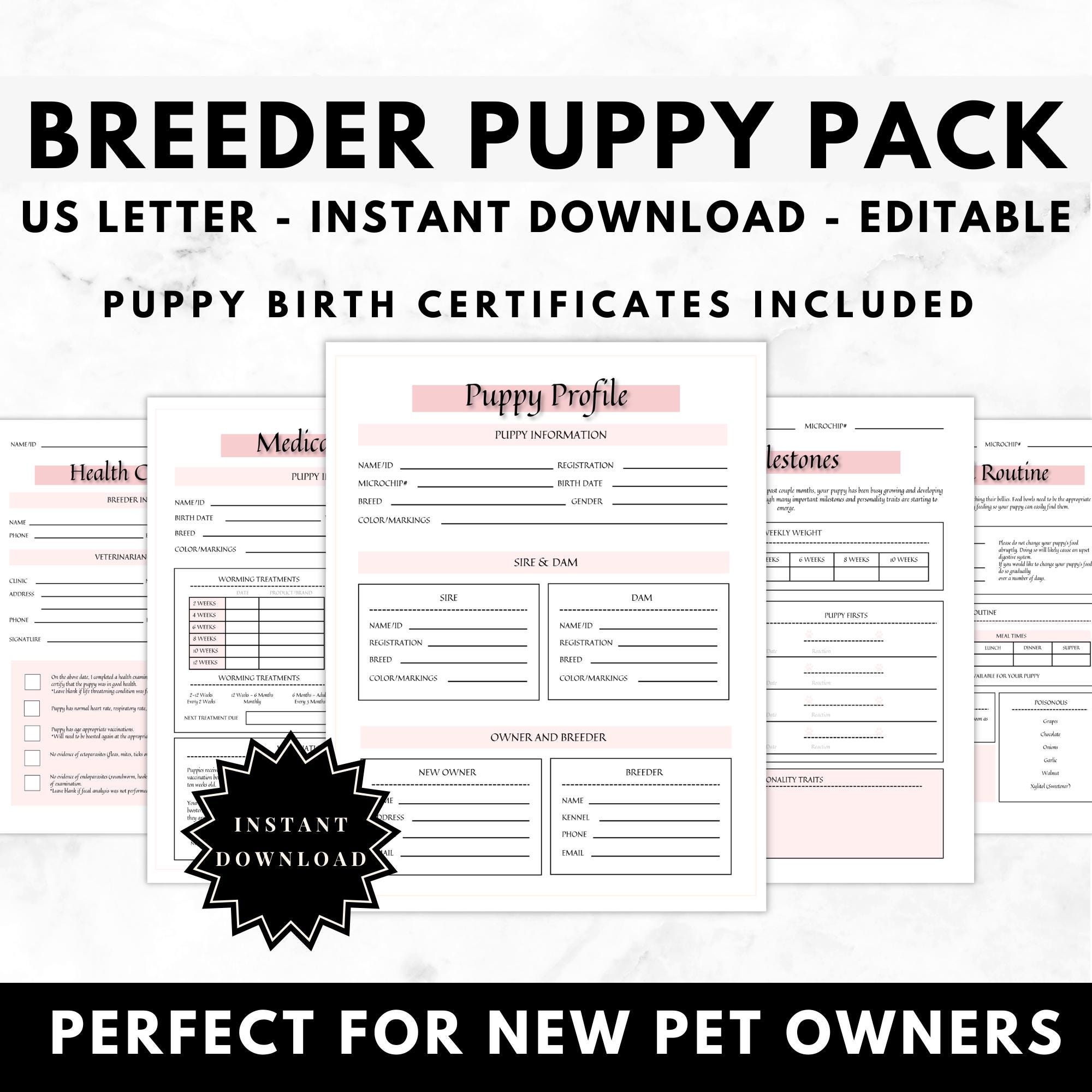 Breeder Puppy Pack Pink Kit Dog Breeder Forms Puppy Milestones Tracker ...